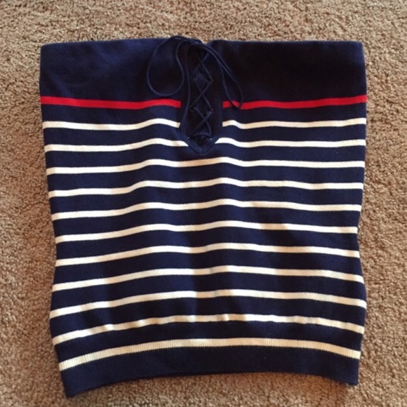 ISO Ralph Lauren strapless navy stripe lace up tube top aso Jessica Simpson - Picture 2 of 5